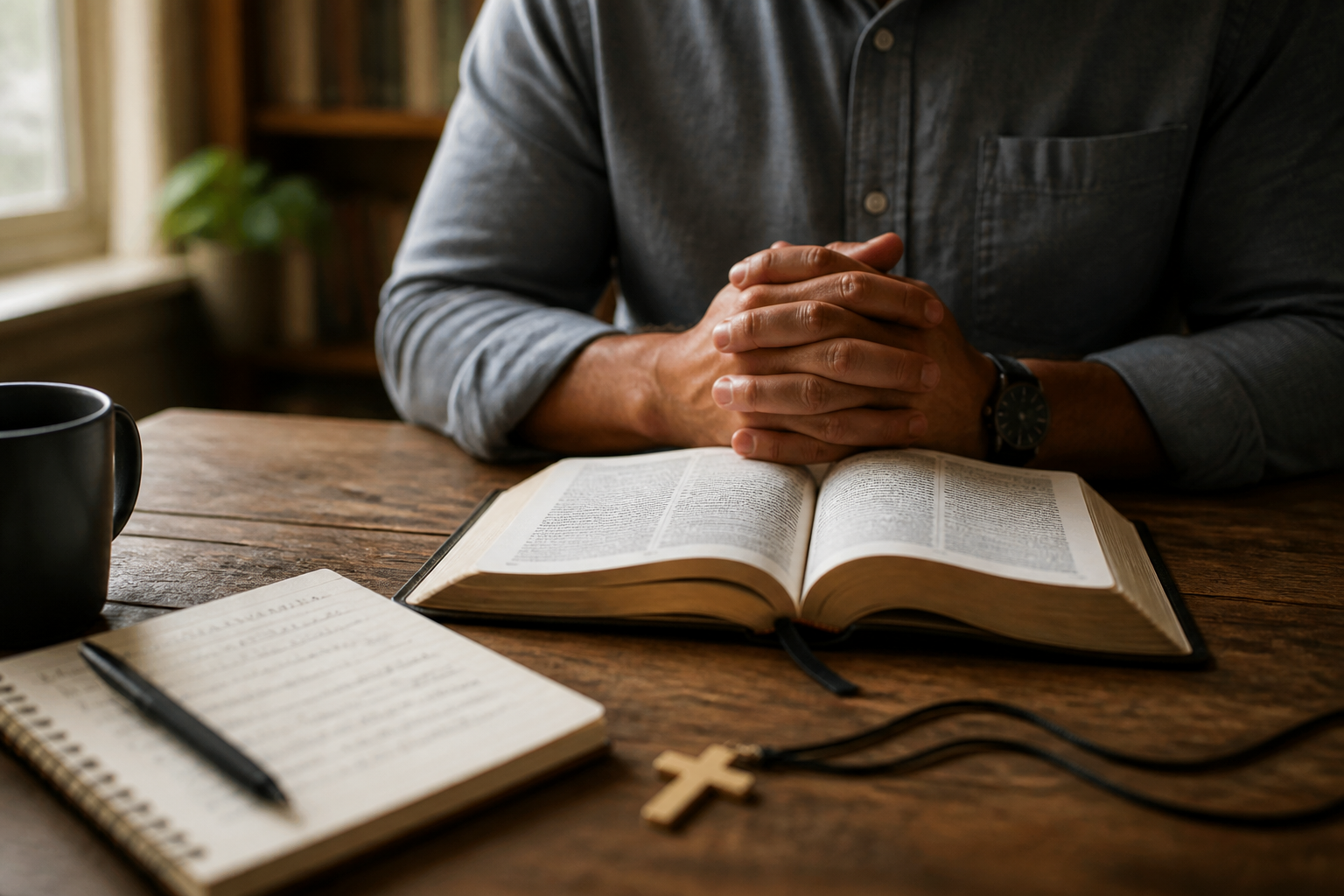 Person beside an open Bible and prayer journal