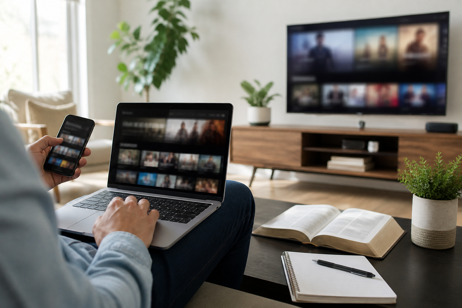 Person checking streaming options beside Bible and notepad