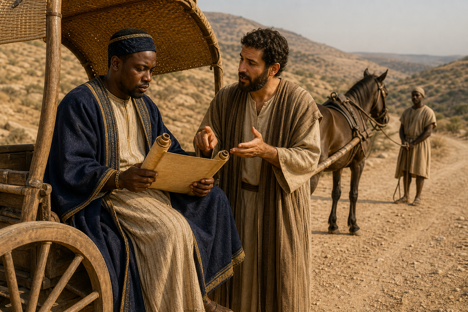 Philip explaining an Isaiah scroll to the Ethiopian official beside his chariot