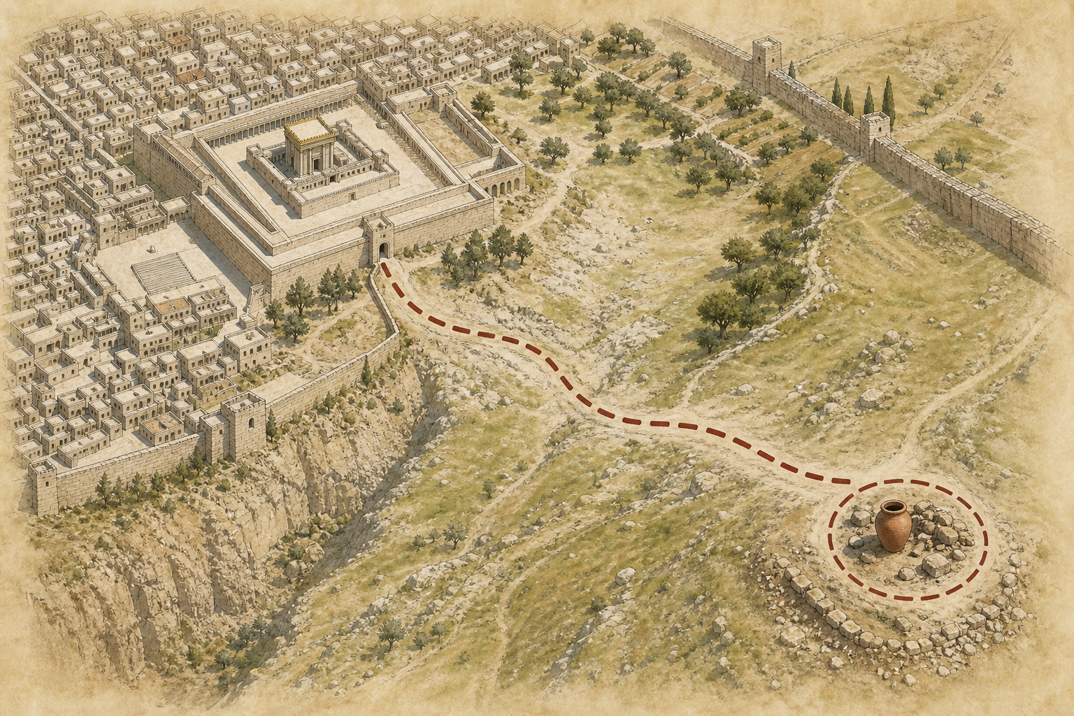 Illustrated route from Jerusalem temple area toward a potter’s field