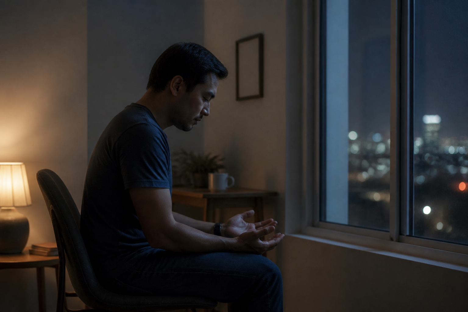 Christian praying quietly beside a window at night