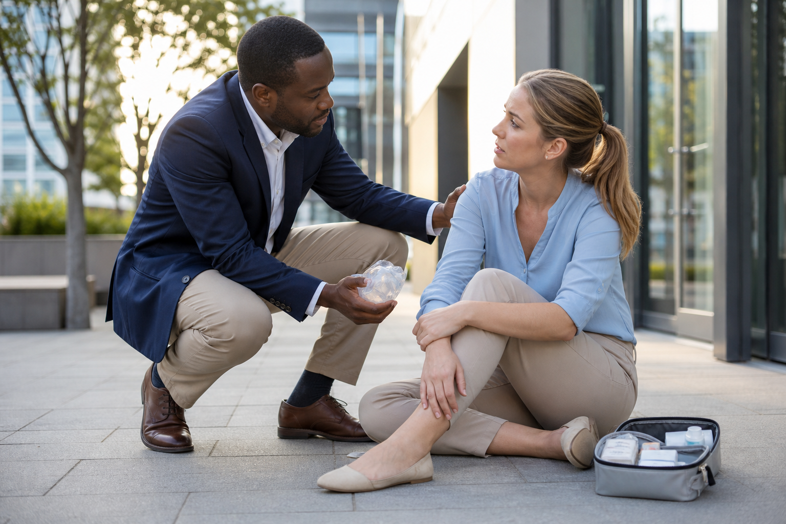 Professional helping injured coworker with first aid