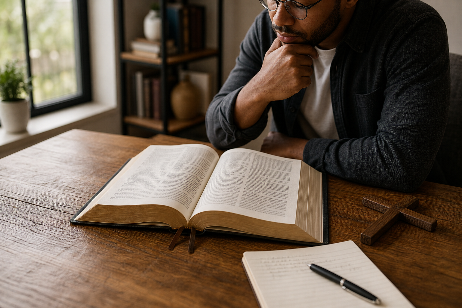 Reader studying an open Bible beside a wooden cross