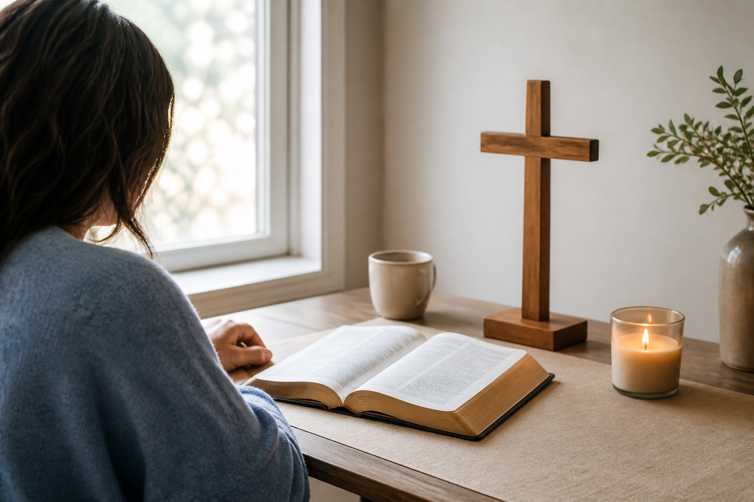 Person reading an open Bible beside a wooden cross and candle