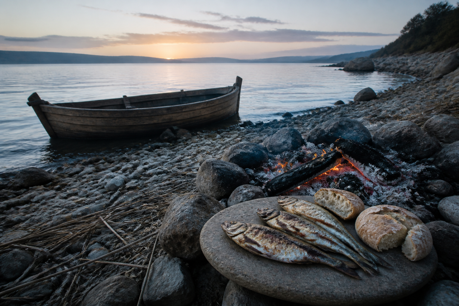 Breakfast fire, bread, and fish beside a boat at sunrise