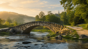Stone footbridge over a clear river in a wooded valley