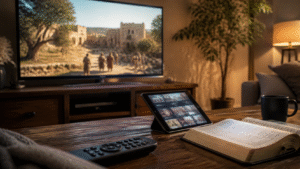 Television showing biblical landscape beside streaming remote and tablet