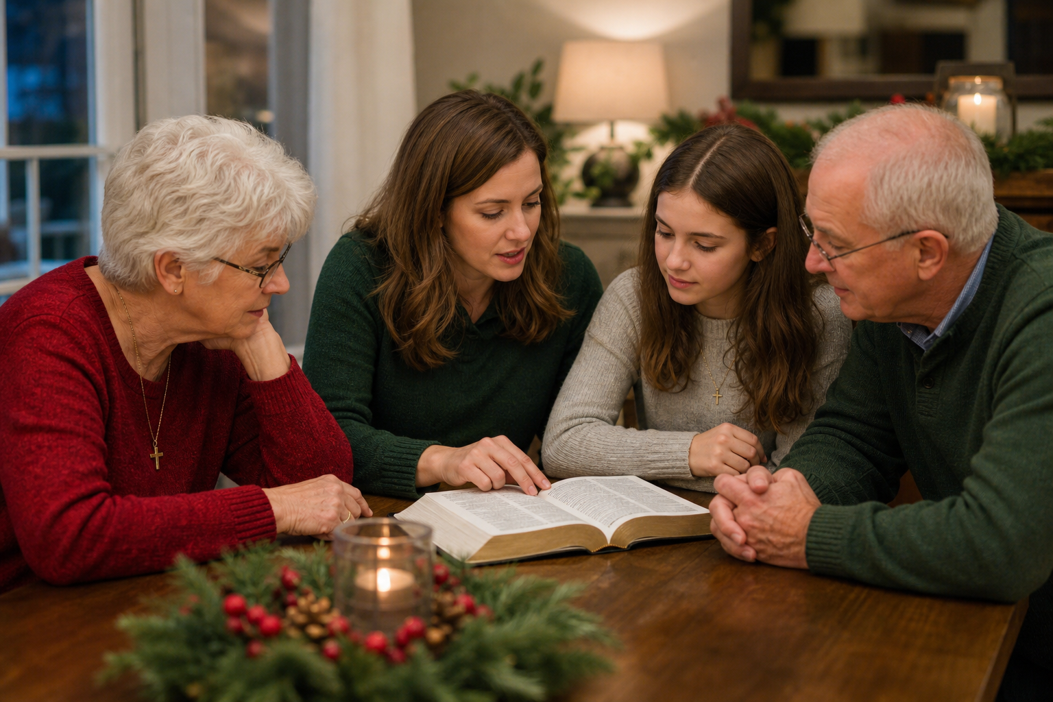 Three generations studying an open Bible together