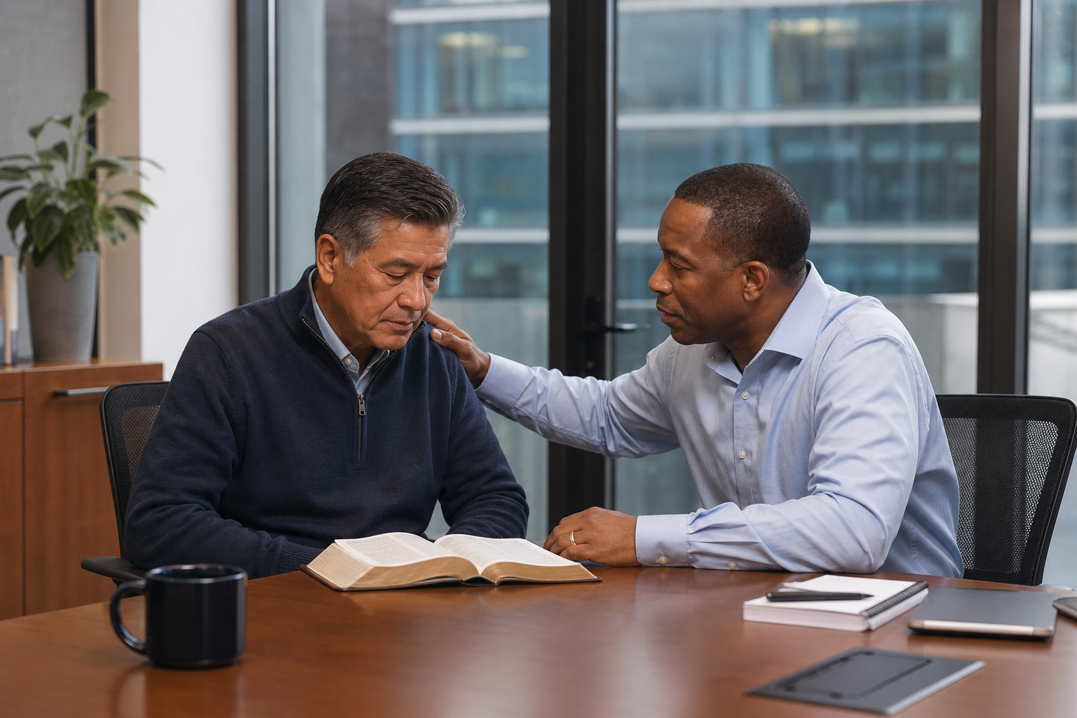 Two Christians discussing faith beside an open Bible