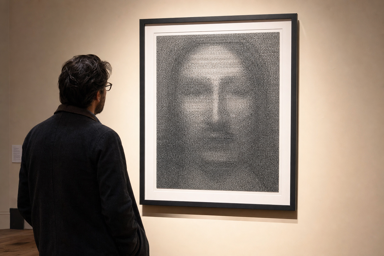 Viewer examining a framed black-and-white facial illusion