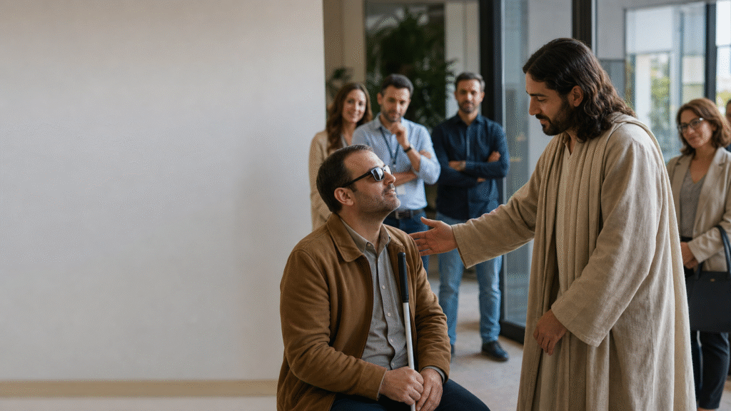 Visually impaired man reaching toward Jesus in an office