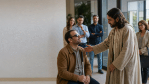 Visually impaired man reaching toward Jesus in an office