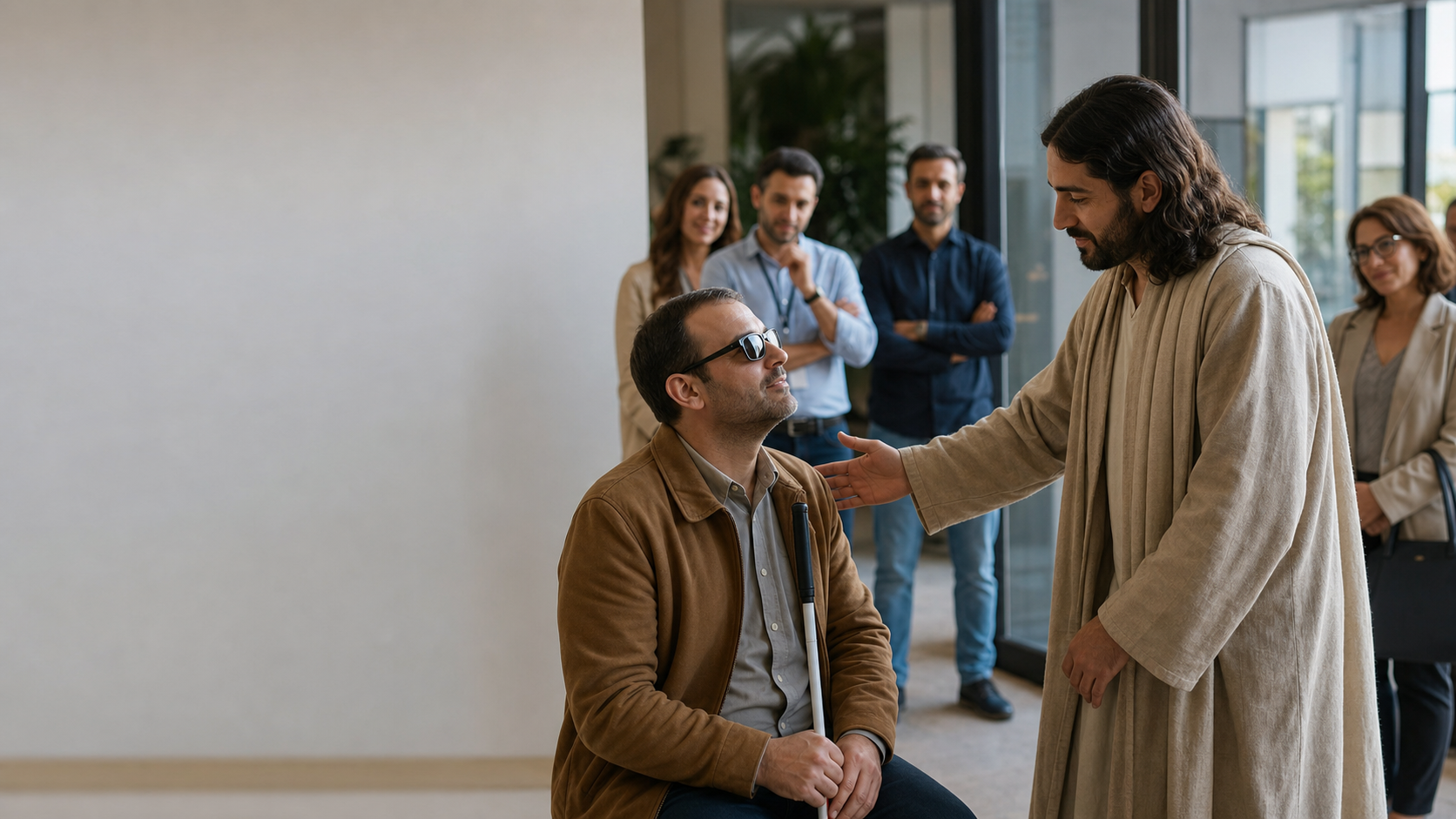 Visually impaired man reaching toward Jesus in an office