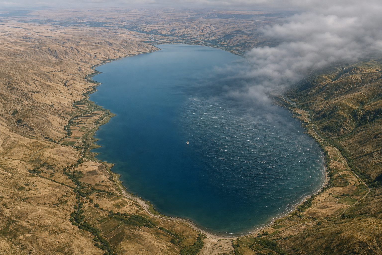 Wind clouds moving from uplands across the Sea of Galilee basin