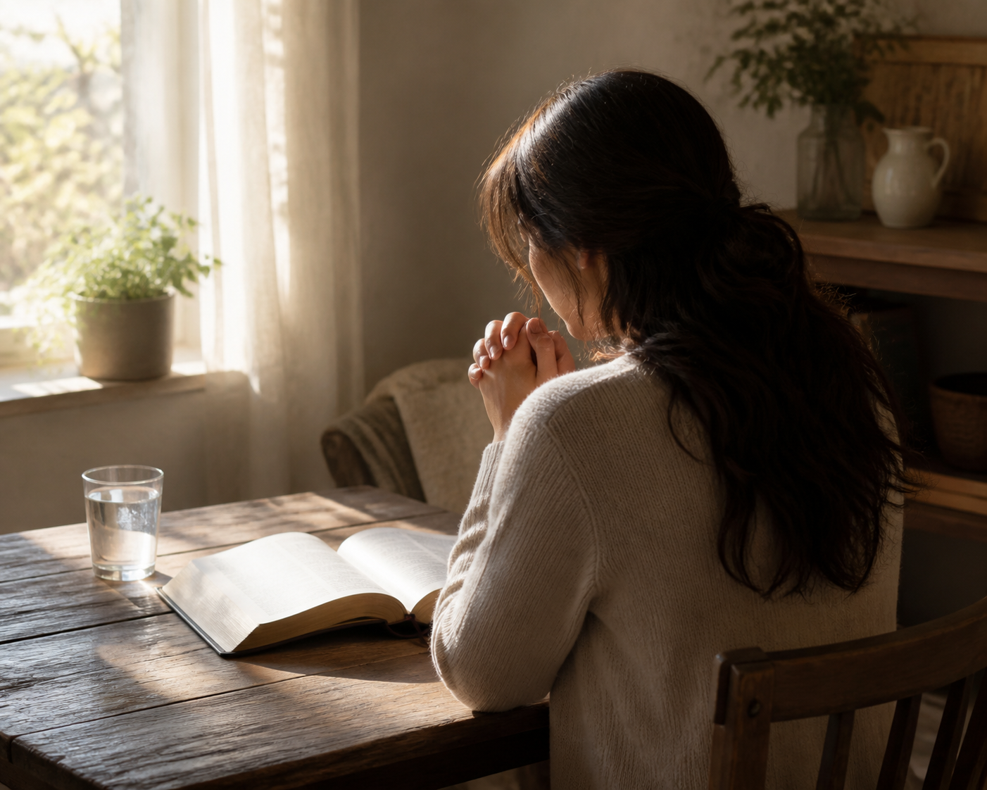 Woman praying beside an open Bible in soft morning light
