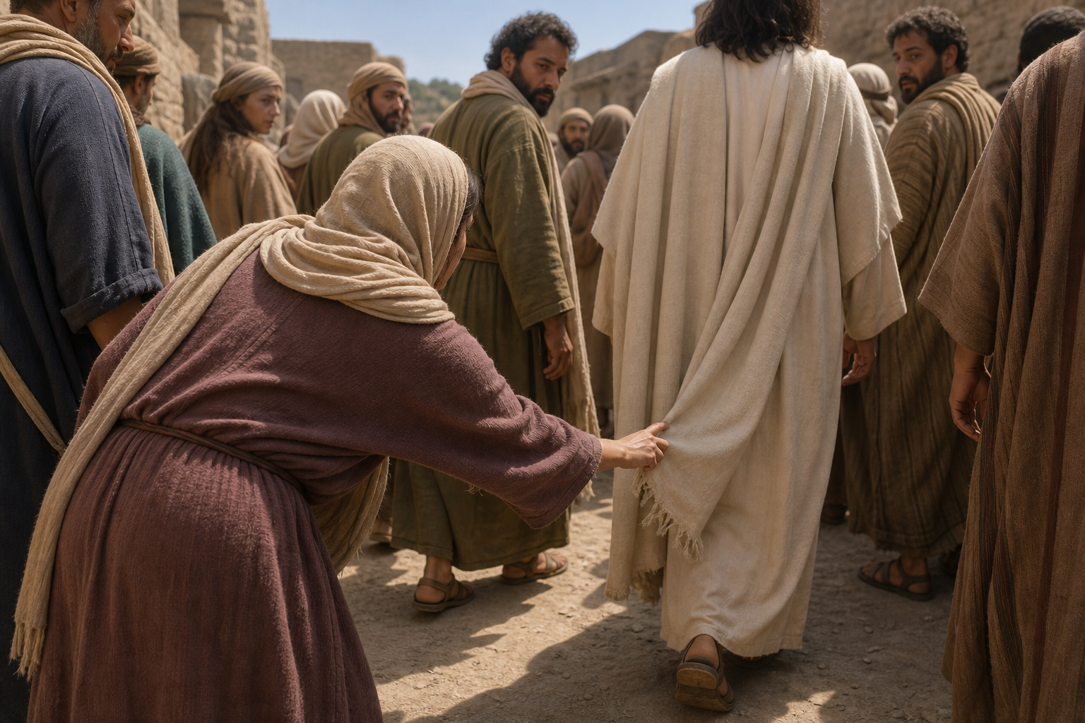 A suffering woman reaching for the edge of Jesus’ garment in a crowd