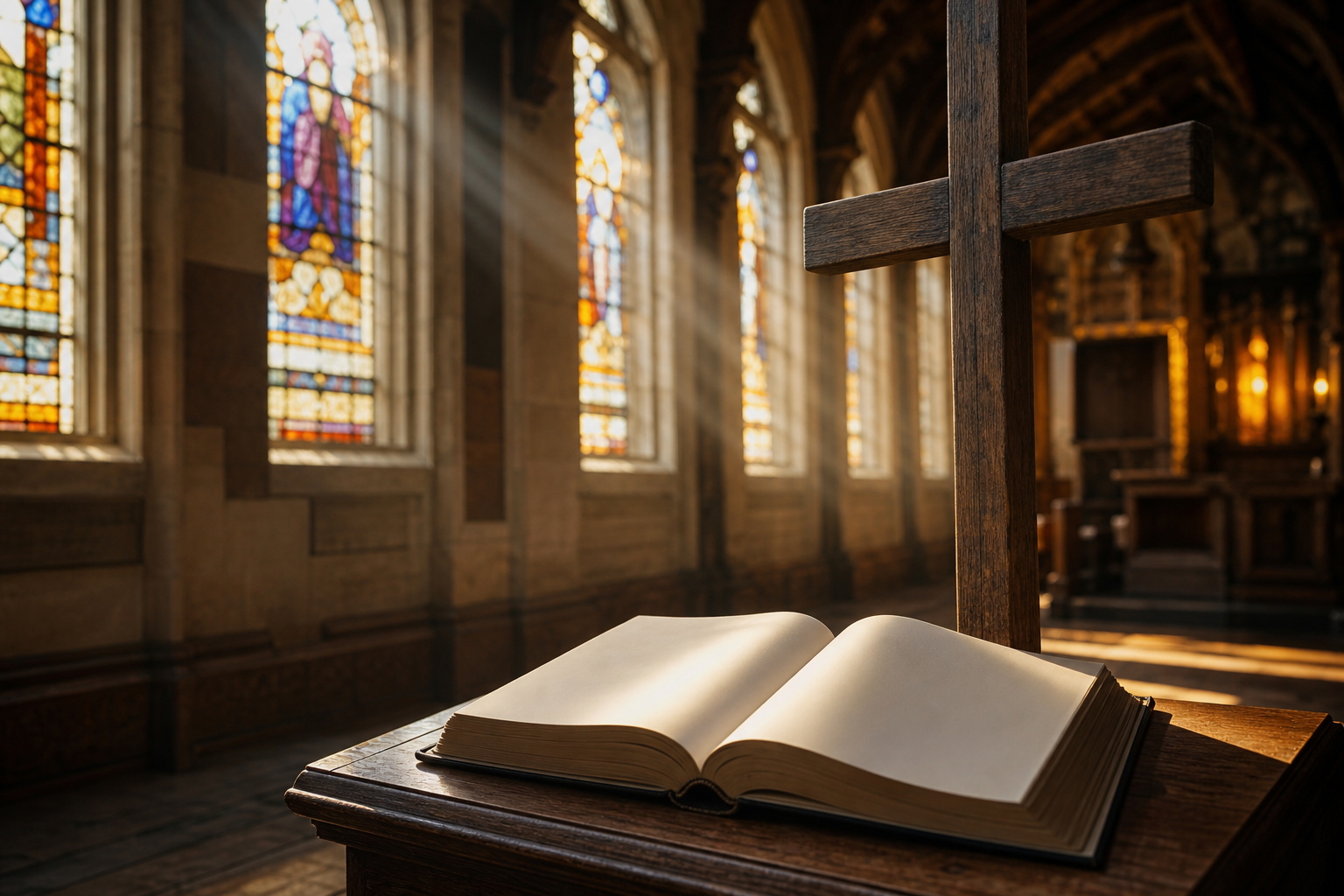 Wooden cross and open Bible inside a historic church