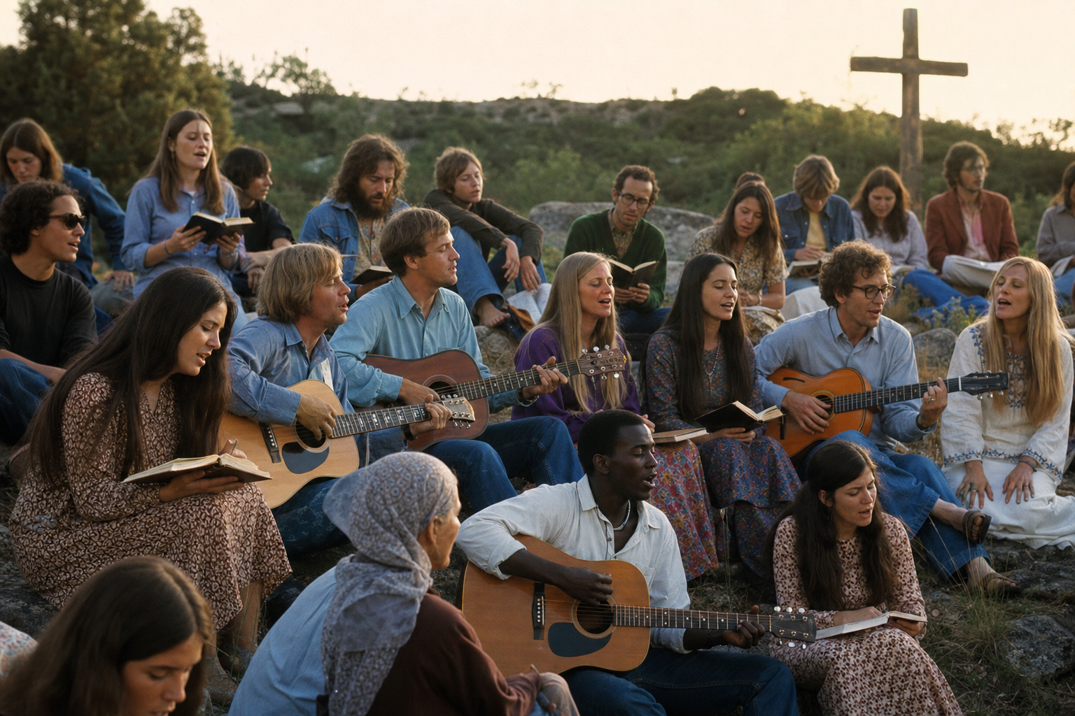 Young adults and families worshiping outdoors with guitars and Bibles