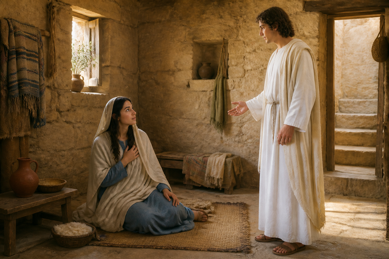Gabriel announces the birth of Jesus to Mary in a simple home
