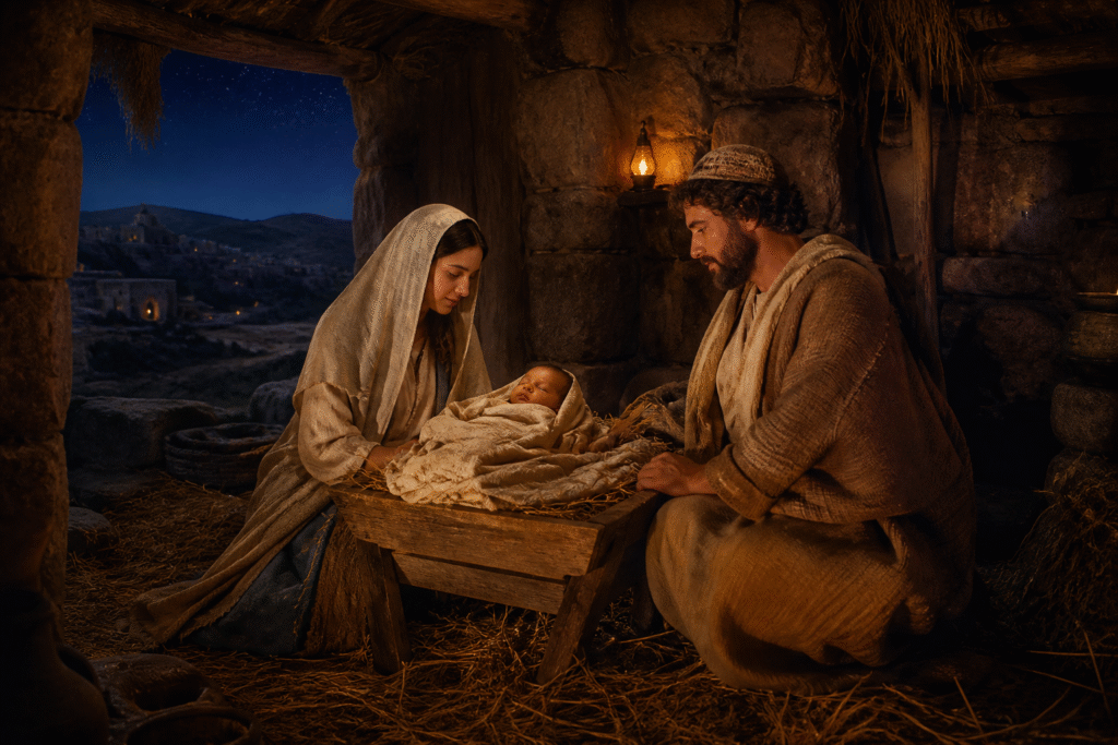 Mary and Joseph look at the infant Jesus in a manger in Bethlehem