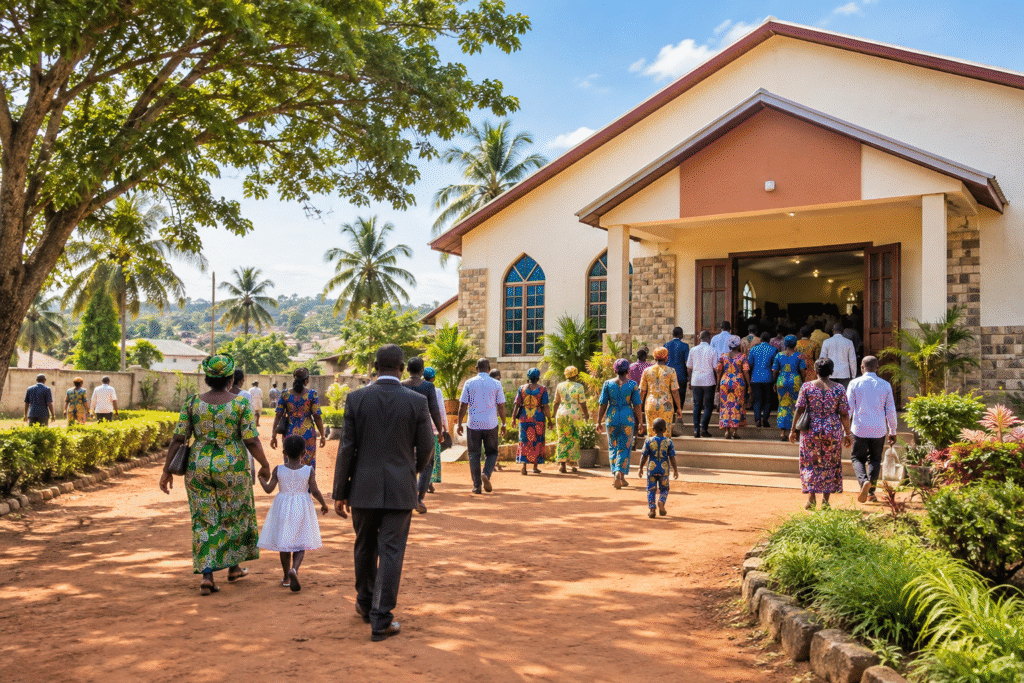 A diverse African congregation walks into a church building on a bright Sunday morning