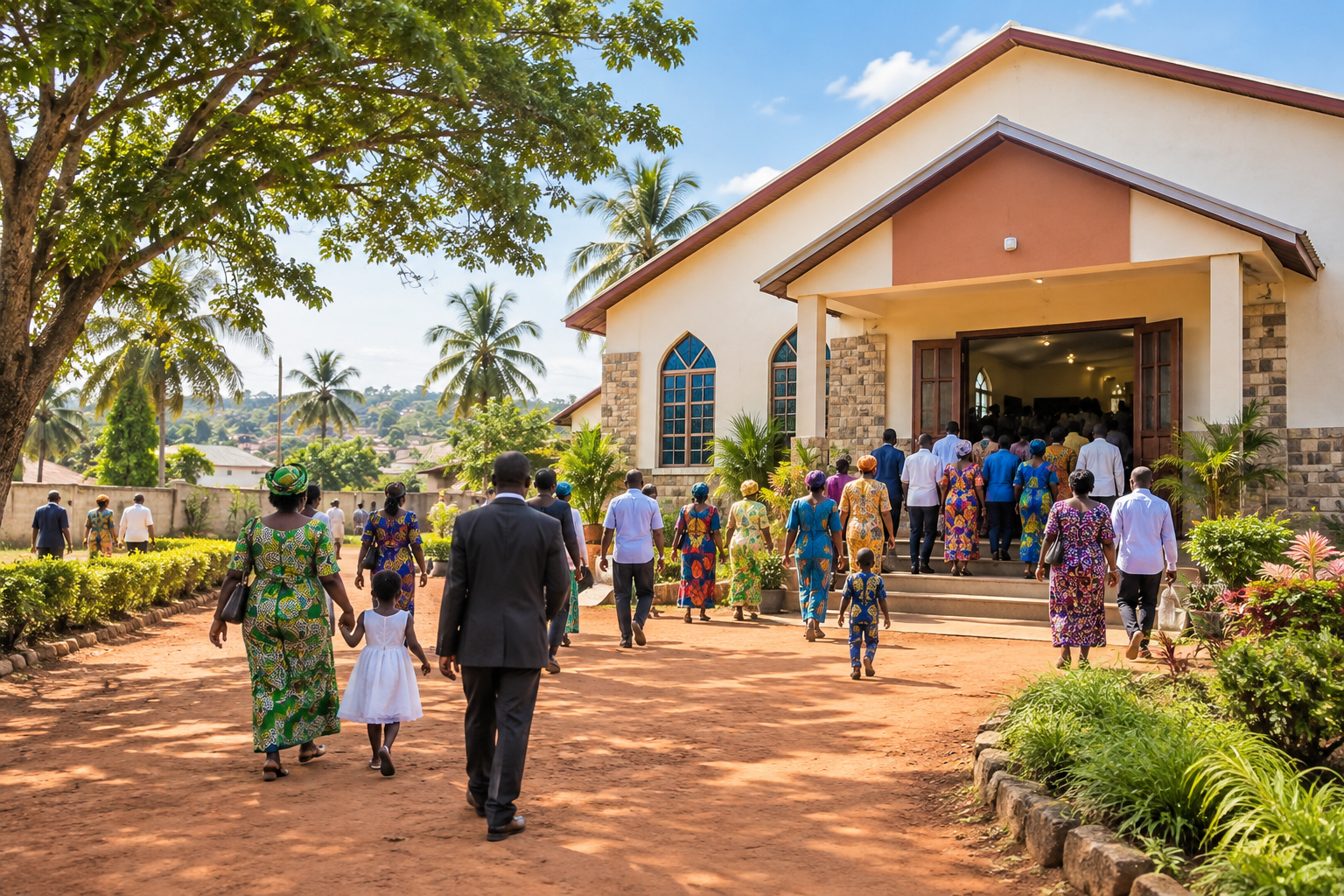 A diverse African congregation walks into a church building on a bright Sunday morning