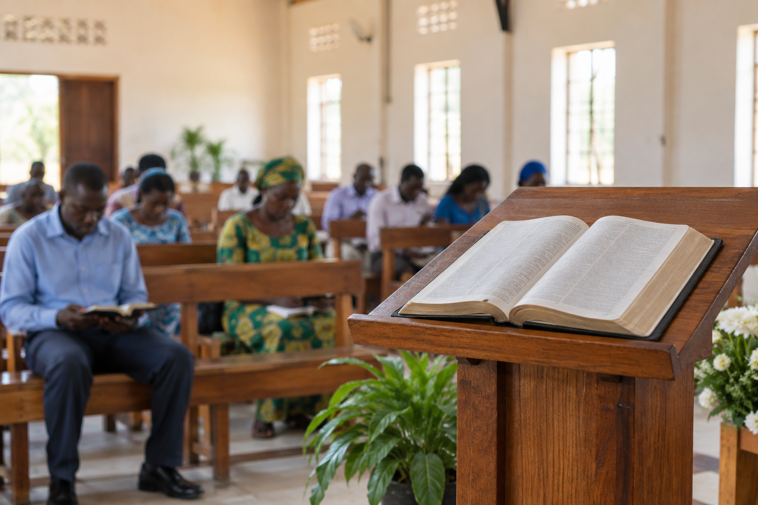 An open Bible rests on a wooden lectern while believers sit in a church behind it