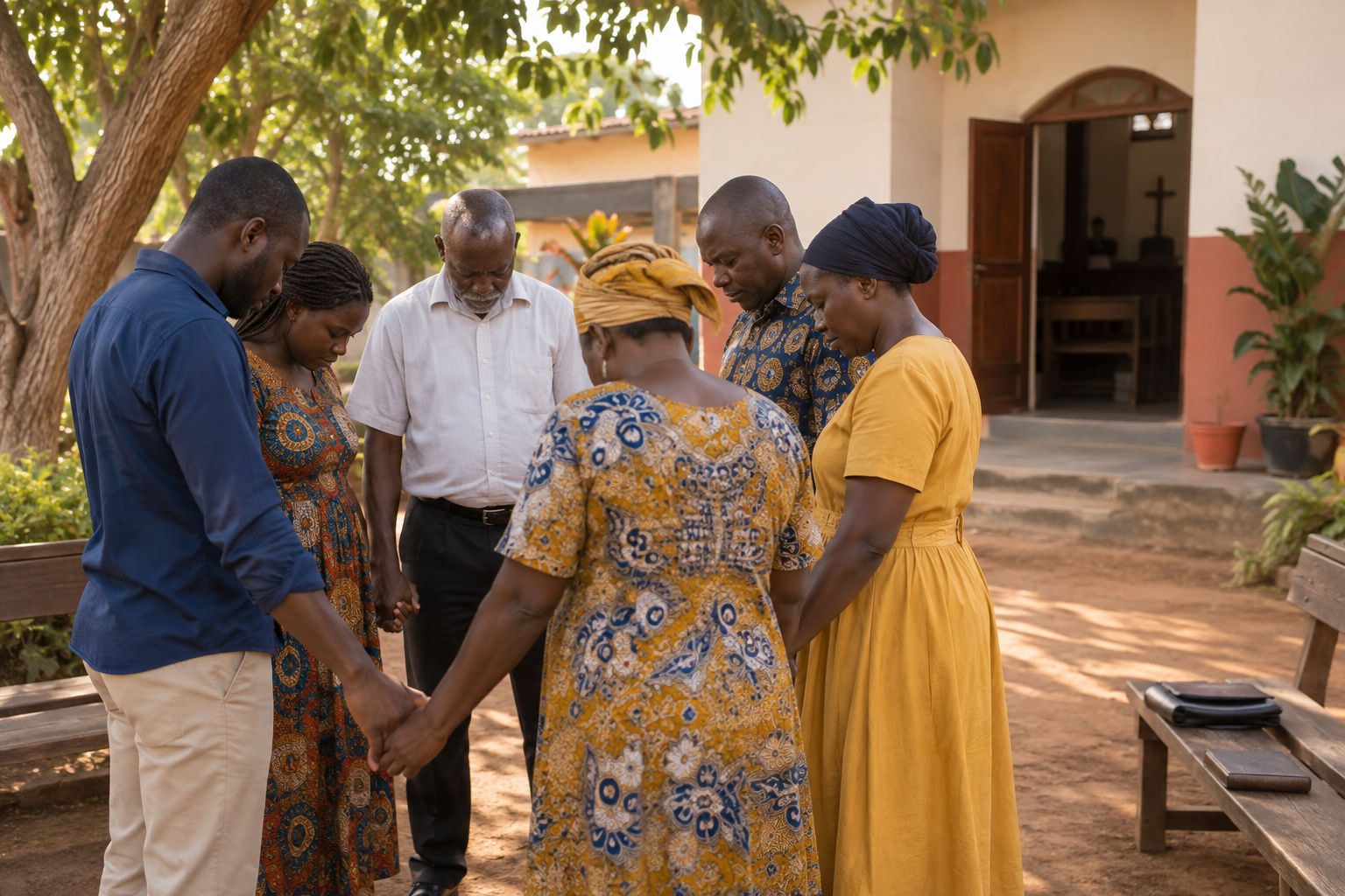 A small group of believers holds hands in prayer outside a church