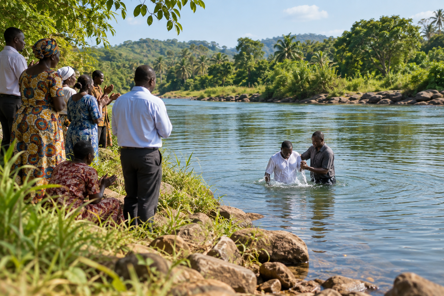 A pastor helps a believer during a church baptism in a calm river as others pray nearby