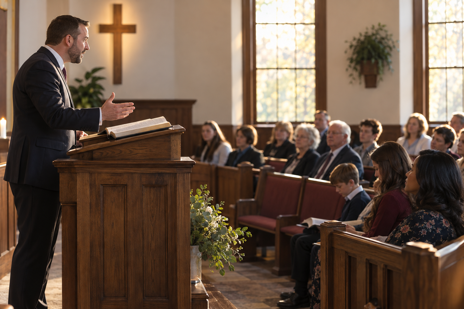 A pastor teaches from an open Bible at a wooden lectern while a congregation listens