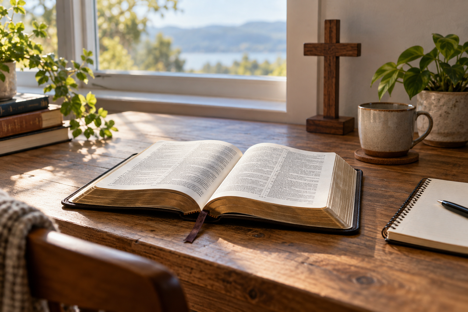 An open Bible rests on a wooden desk beside a plain cross and notebook