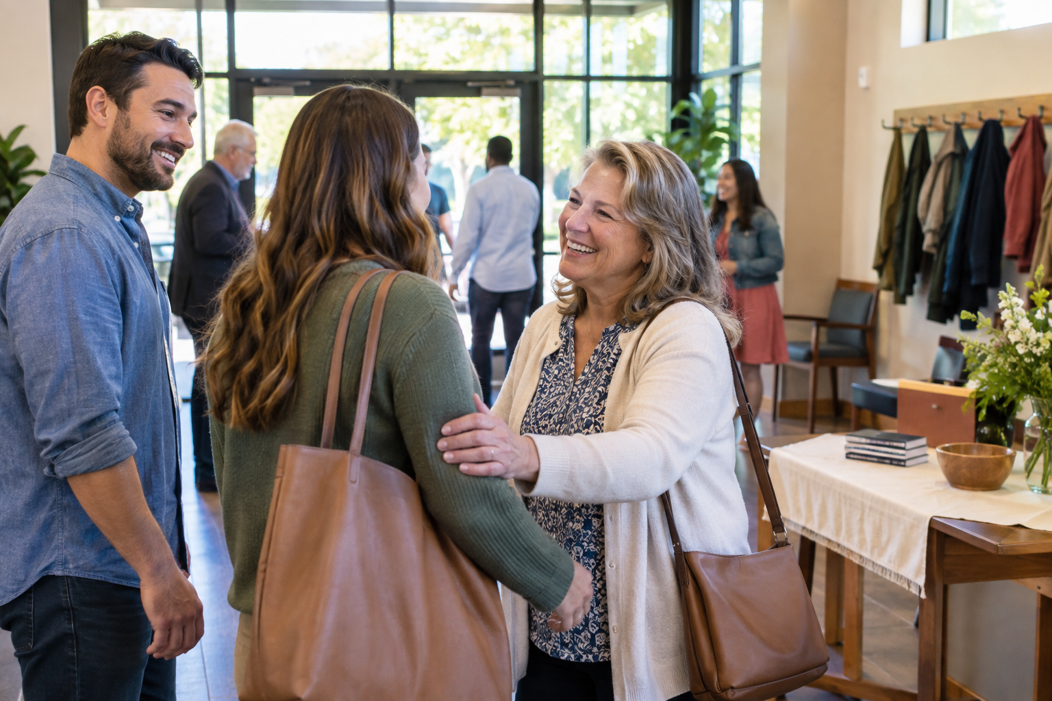 Church members warmly welcome a visitor in a bright foyer after worship