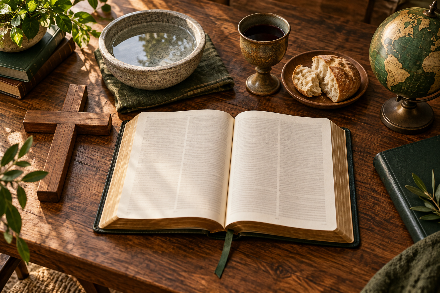 An open Bible beside a wooden cross, baptismal bowl, communion cup, bread, and globe