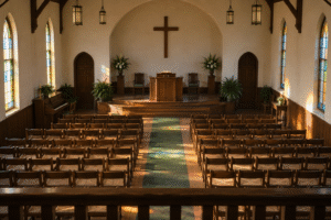 A simple Christian sanctuary with a wooden pulpit, cross, and rows of chairs