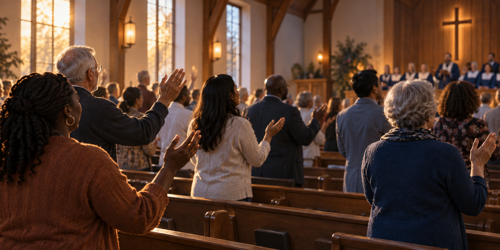 A diverse congregation stands with hands raised during Christian worship