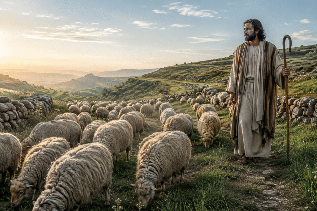 Jesus Christ stands with sheep on a green hillside