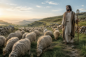 Jesus Christ stands with sheep on a green hillside