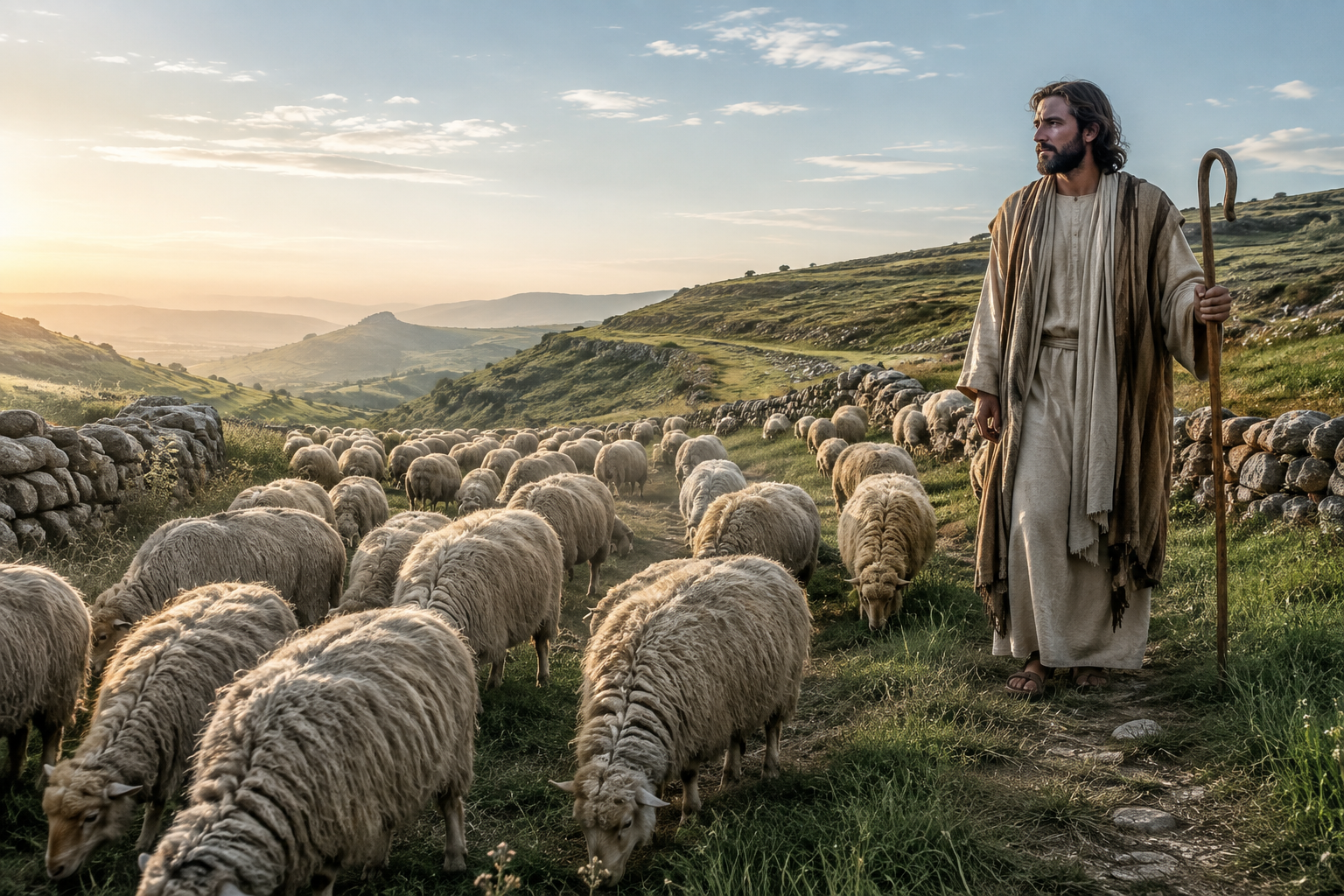 Jesus Christ stands with sheep on a green hillside