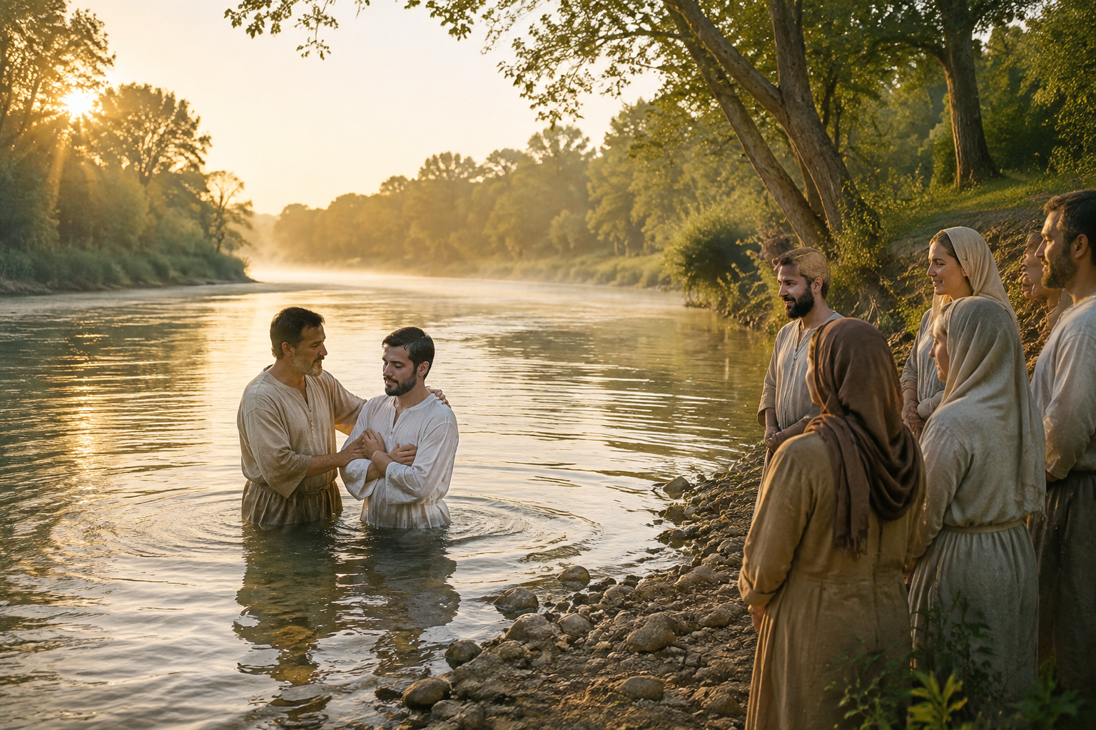 Christian baptism takes place in a river at sunrise