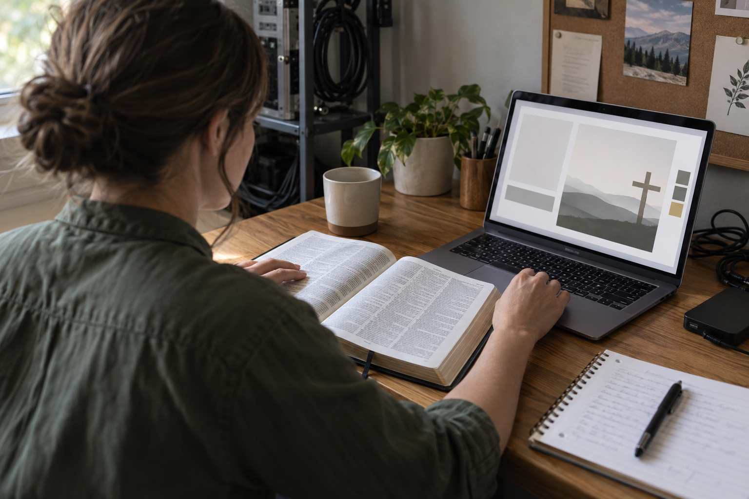 Church media volunteer compares an open Bible with a simple image layout on a laptop