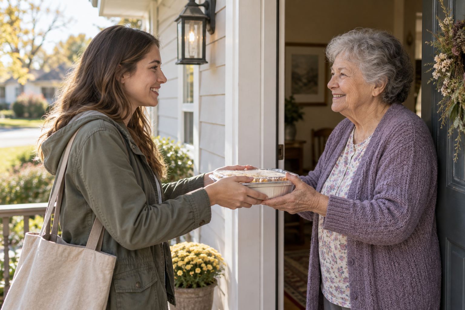 A young woman shares a warm meal with an older neighbor at a doorway