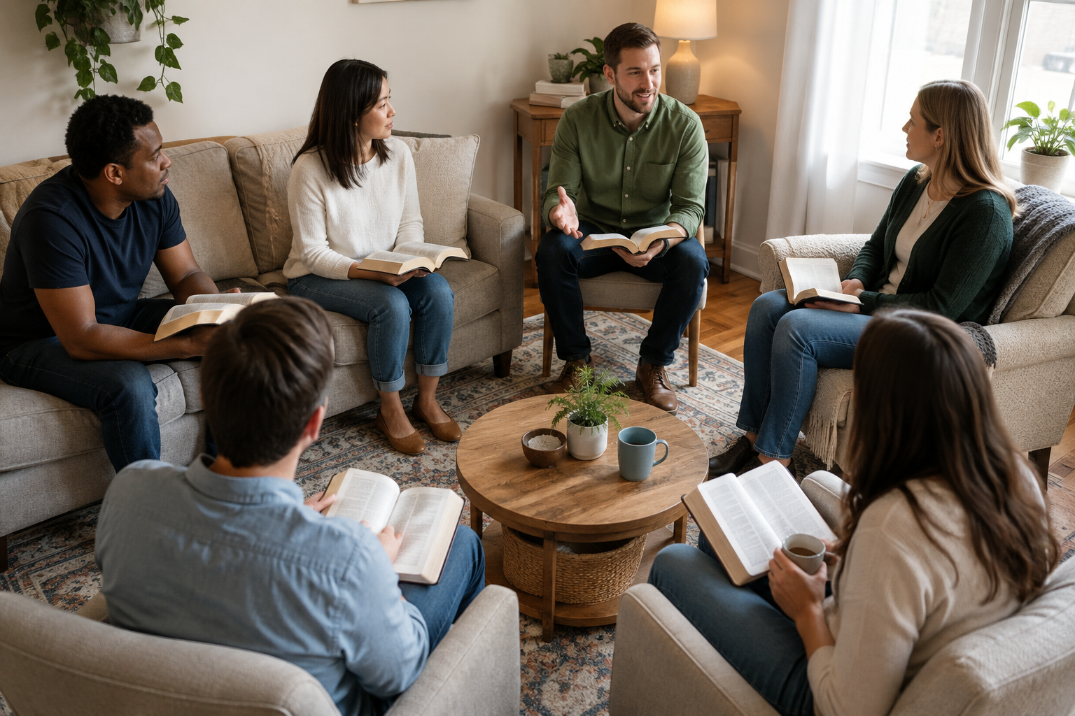 Christian small group studies the Bible together in a home