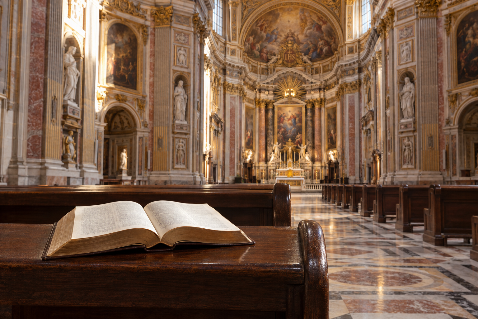 An open Bible rests on a wooden pew inside the Church of the Gesu