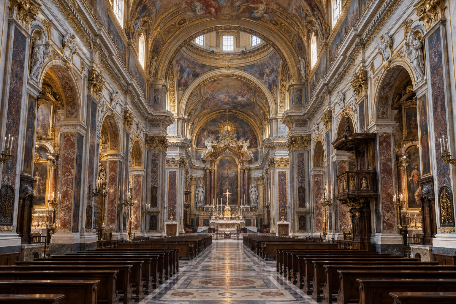 The richly decorated single nave and side chapels inside the Church of the Gesu