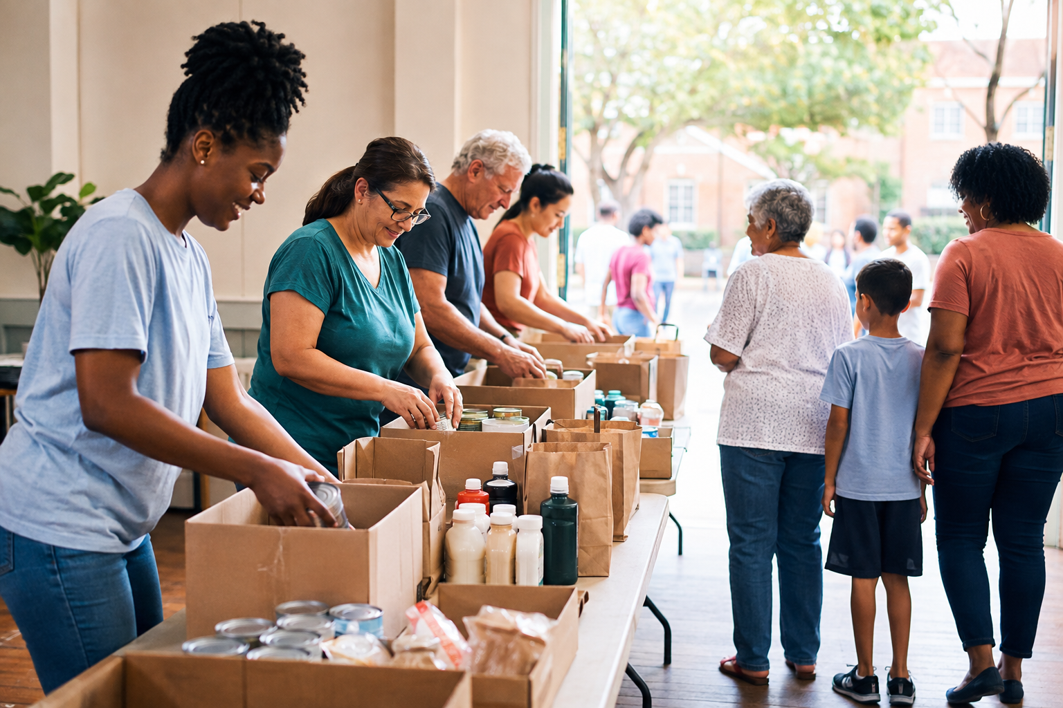 Church volunteers pack food boxes for neighbors
