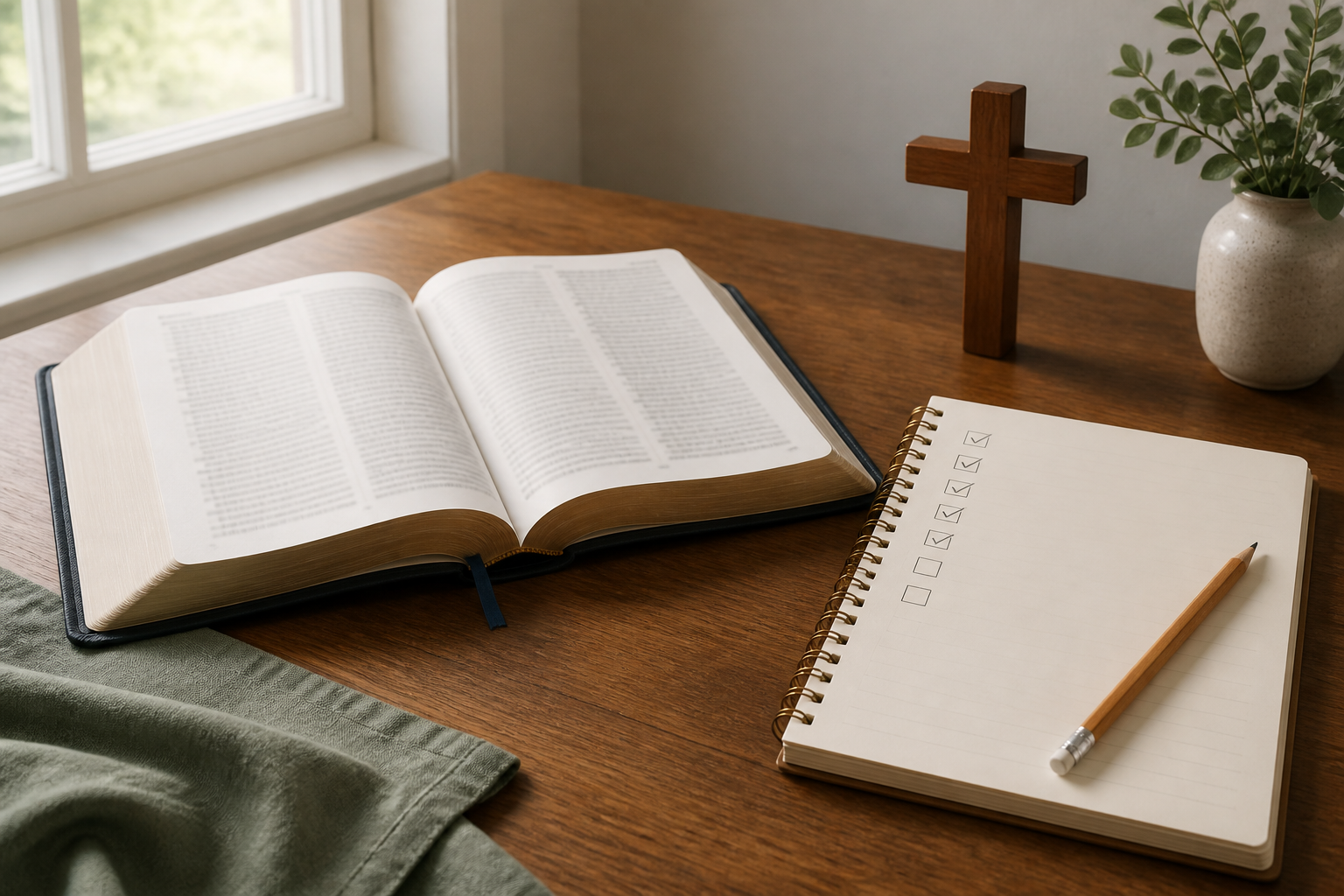 Open Bible beside handwritten notes and a simple wooden cross