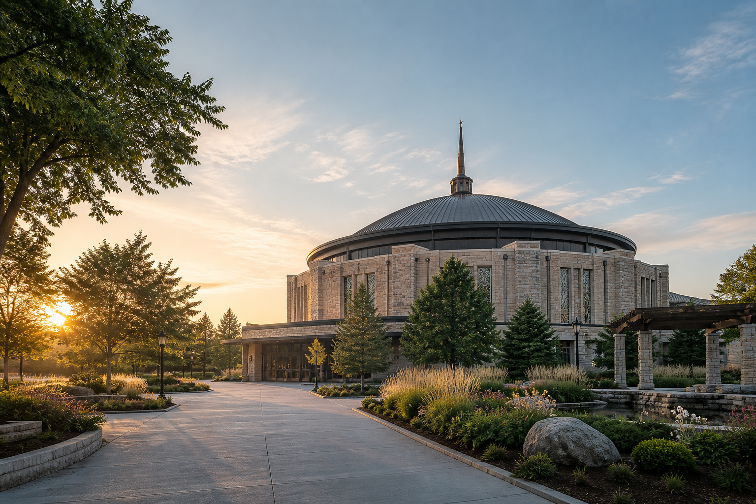 Domed church auditorium beside a quiet peace garden at dawn