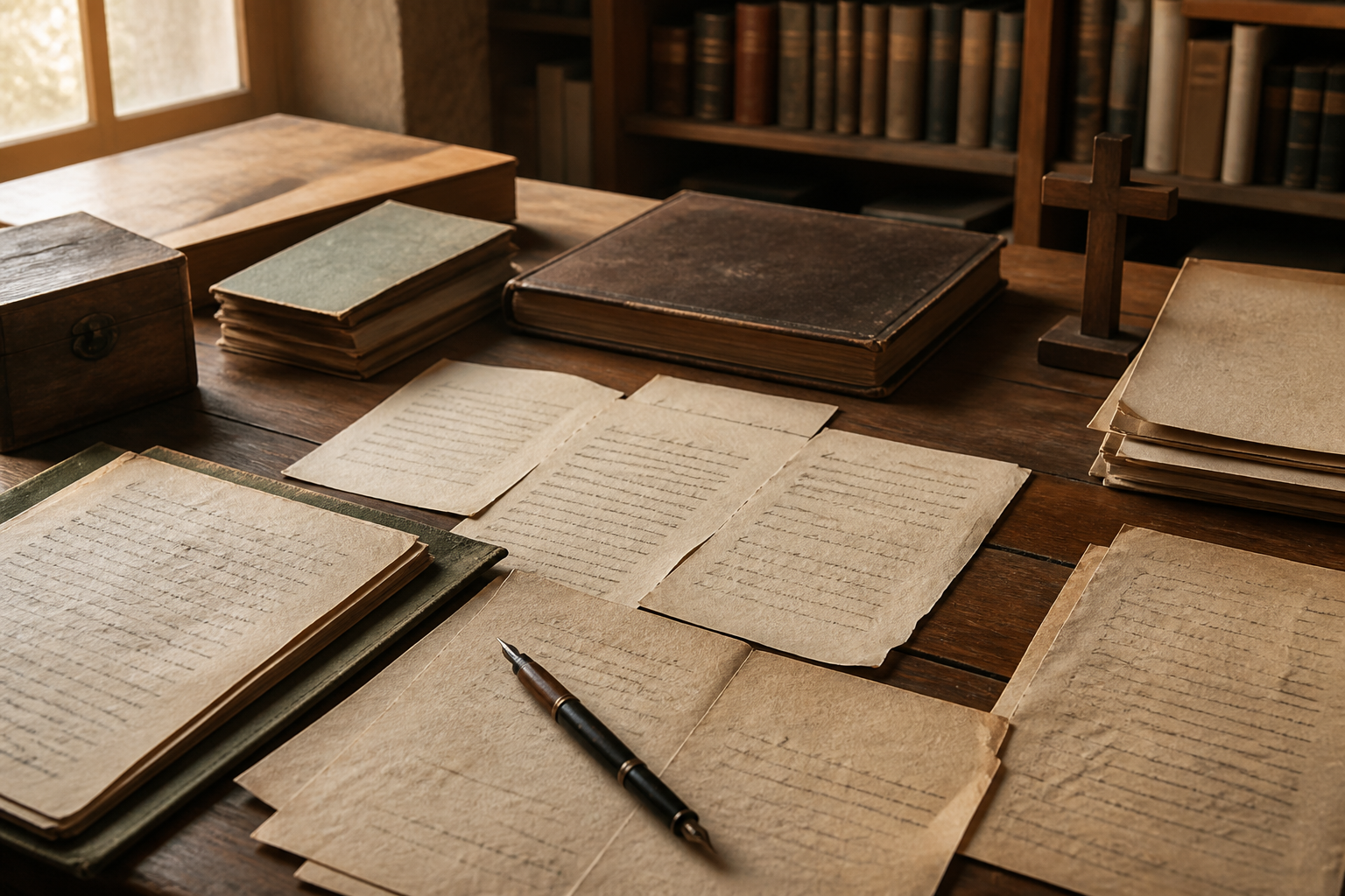 Old papers, a fountain pen, and a wooden cross on a history desk