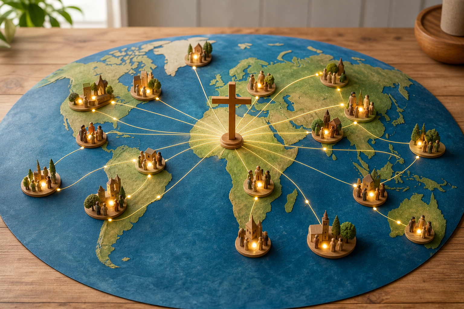 World map with small communities connected around a wooden cross