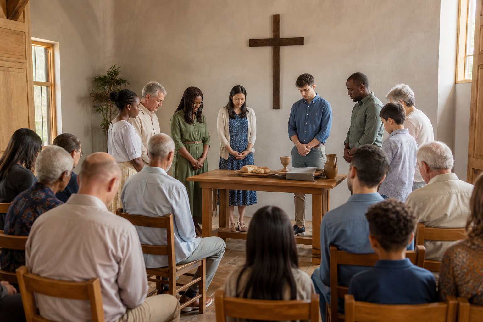 Diverse Christians gather around a communion table beneath a wooden cross